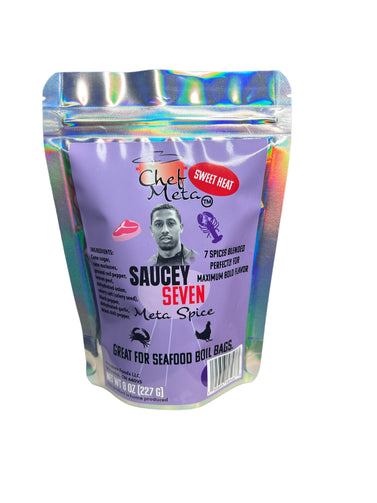Chef Meta's Seafood boil seasoning "Saucey Seven" is a premium 7 spice blend that offers a unique flavor to all dishes. The ingredients are more tailored for seafood boils and seafood bags. The Saucey Seven recipe is included on the back of package for all the seafood boil lovers! Enjoy! Thechefmeta.com